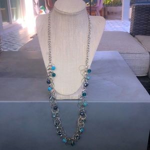 Shiny multi blue faceted round bead and silver loop chain long necklace